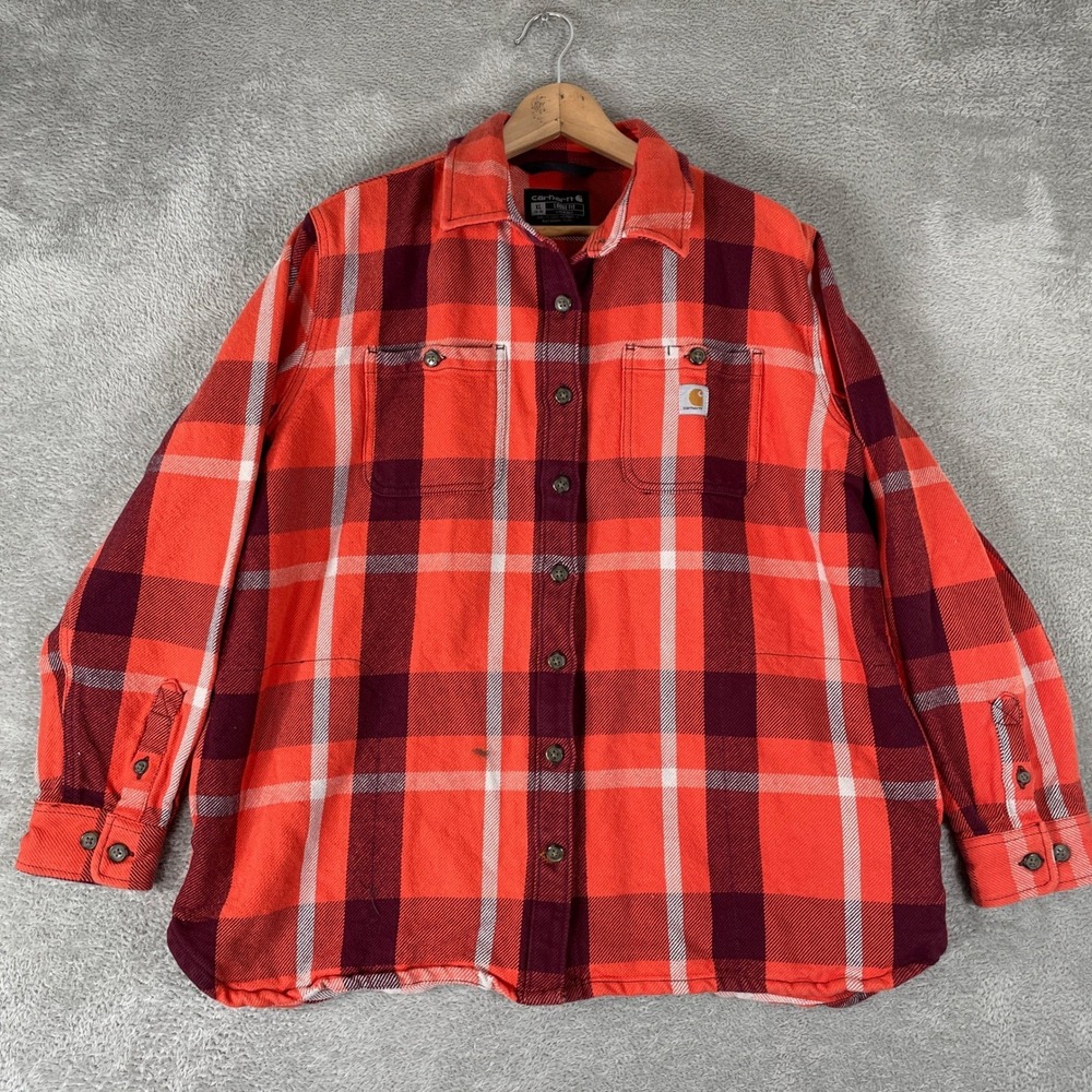 Carhartt Flannel Shirt Womens XL Orange Plaid Loose Fit Rugged Workwear Outdoor